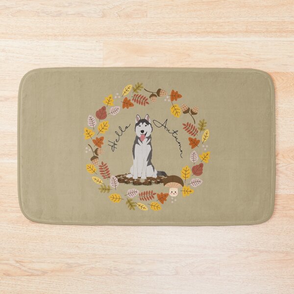 Item preview, Husky in Autumnal Leaf Circle with Hello Autumn Sign designed and sold by SeasonalDogs.