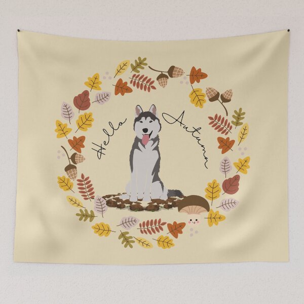 Item preview, Husky in Autumnal Leaf Circle with Hello Autumn Sign designed and sold by SeasonalDogs.