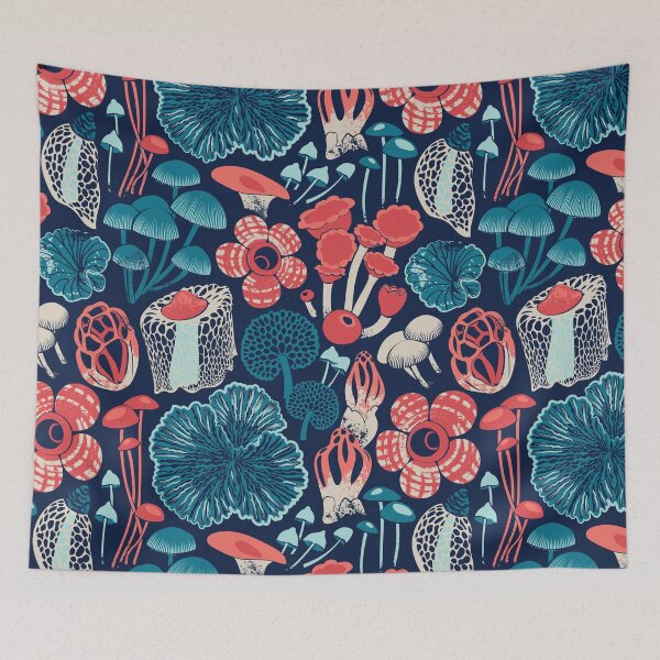 Item preview, Otherworldly fungi // midnight blue background aqua teal coral and red wild toadstool mushrooms  designed and sold by SelmaCardoso.