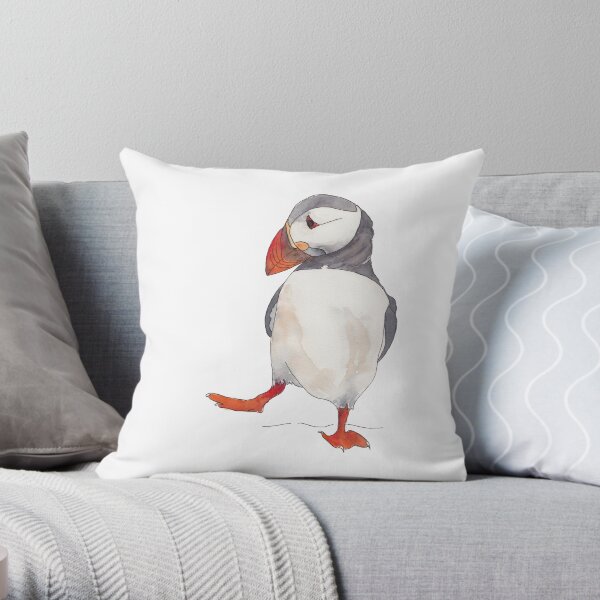 Dancing puffin watercolor illustration Throw Pillow