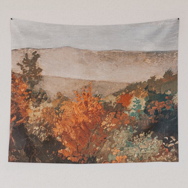 Item preview, Autumn Treetops Lanscape painting, Serene art in earth tones, green and orange woods,  designed and sold by LeAllureVintage.
