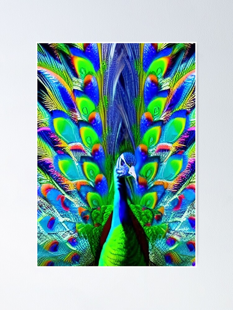 Beautiful Peacock with Feathers Spread Photo Poster Peafowl Bird