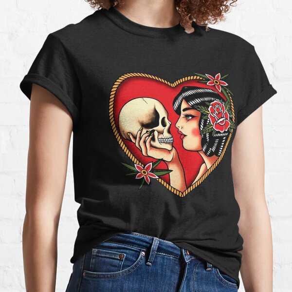 Traditional Beautiful Flapper in Heart Holding Skull Tattoo Classic T-Shirt