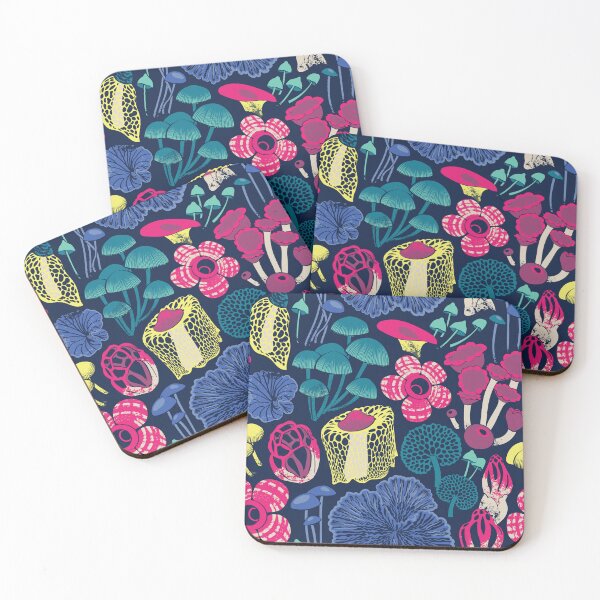 Item preview, Otherworldly fungi // midnight blue background mint teal fuchsia pink yellow and electric blue wild toadstool mushrooms  designed and sold by SelmaCardoso.