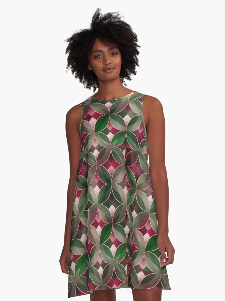 Thumbnail 1 of 4, A-Line Dress, Retro Green Pink Pattern designed and sold by guidonr1.
