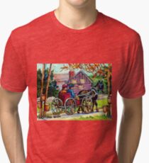 SUGAR SHACK CANADIAN LANDSCAPE PAINTING ONTARIO MAPLE HORSE AND BUGGY COUNTRY SCENE CAROLE SPANDAU FINE ART Tri-blend T-Shirt