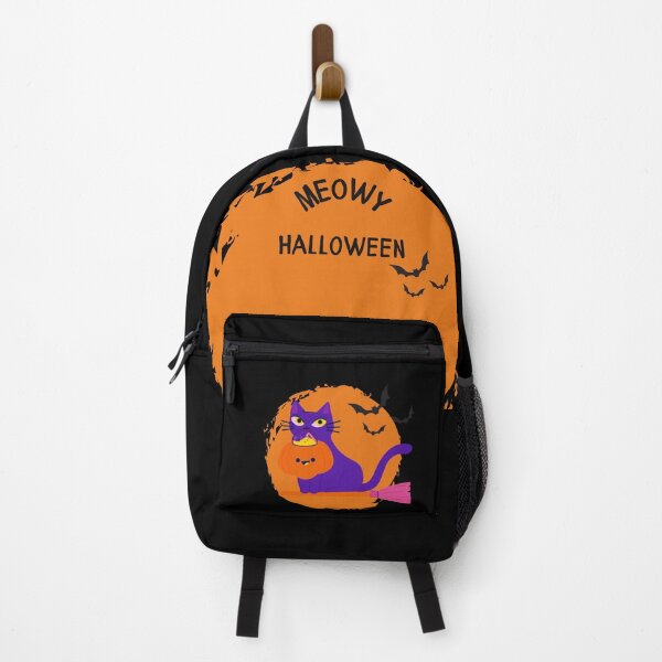 Item preview, Happy Halloween, Meowy - purple cat on a broom with bats background designed and sold by fluffyfriends.