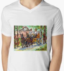 SUGARING OFF MAPLE TREES ONTARIO COUNTRY SCENE CANADIAN LANDSCAPE PAINTING HORSES PULLING WAGON CAROLE SPANDAU Men's V-Neck T-Shirt