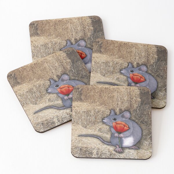 Item preview, Cute Mouse Holding Read Poppy Flower in the Barn with Hay Bales designed and sold by JoyfulWhimsy.