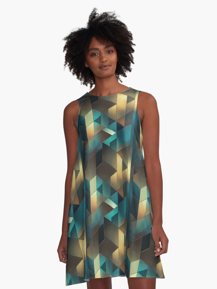 Thumbnail 1 of 4, A-Line Dress, Vintage Gold Blue pattern designed and sold by guidonr1.
