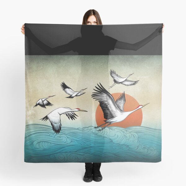 Flying Japanese Asian Cranes over Water Waves Scarf