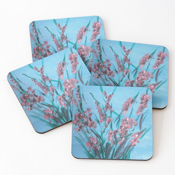 Artikelvorschau, Rosa Gladiolenblüten auf blauem Hintergrund entworfen und verkauft von WorldOfWendyArt.