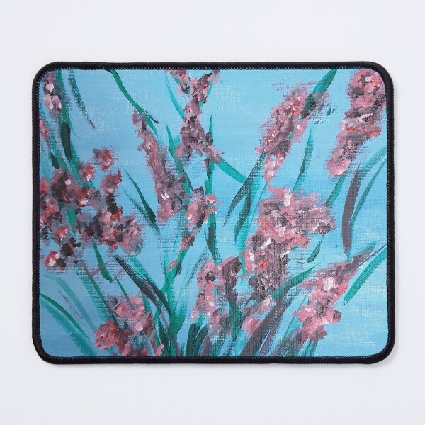 Item preview, Pink gladioli flowers on blue background colour designed and sold by WorldOfWendyArt.