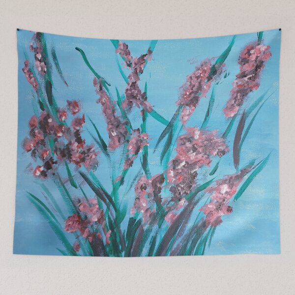 Item preview, Pink gladioli flowers on blue background colour  designed and sold by WorldOfWendyArt.