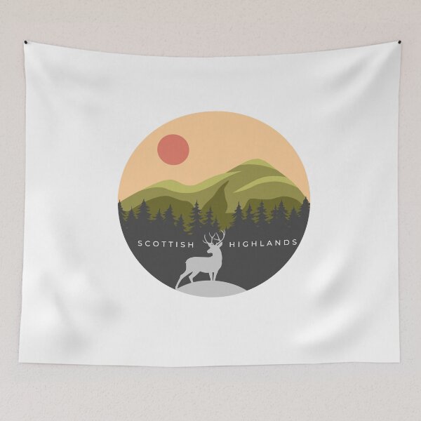 Item preview, Scottish Highlands Logo - Featuring Stag Silhouette in Forest with Munro in Backdrop designed and sold by BackpackTravel.