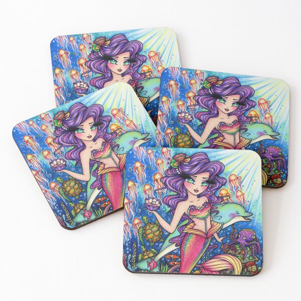 Item preview, Purple Haired Mermaid Dolphin Friend Underwater Whimsical Fantasy Art  designed and sold by hannahlynnart.