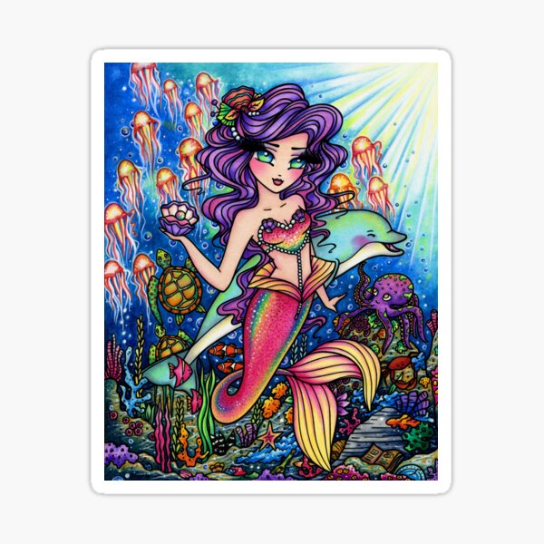 Purple Haired Mermaid Dolphin Friend Underwater Whimsical Fantasy Art  Sticker
