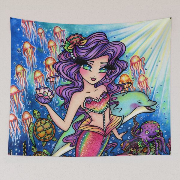 Item preview, Purple Haired Mermaid Dolphin Friend Underwater Whimsical Fantasy Art  designed and sold by hannahlynnart.