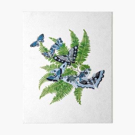 Vintage Blue Butterflies on Fern Fronds Art Board Print
