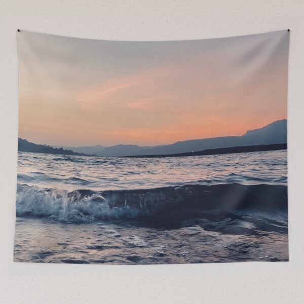 Item preview, Dark Grey - blue ocean waves with sunset in the background  designed and sold by Durgaa D.