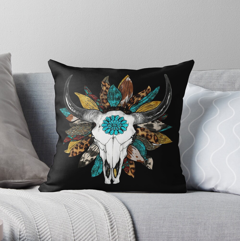 Turquoise, Cowhide, Tooled Leather With Cow Skull - Southwestern Style Throw  Pillow for Sale by handsoftime2020