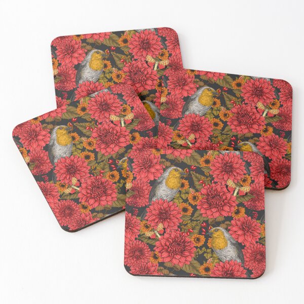 Item preview, Robins in the autumn garden, red dahlias on black designed and sold by Katerina Mitkova Kirilova.