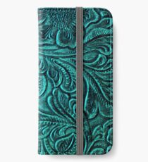 Türkise geprägte Tooled Leder Floral Scrollwork Design iPhone Flip-Case/Hülle/Skin
