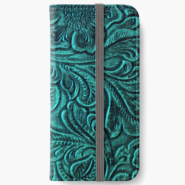Turquoise Embossed Tooled Leather Floral Scrollwork Design iPhone Wallet