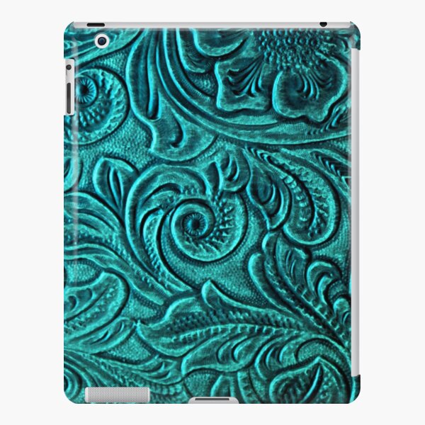 Turquoise Embossed Tooled Leather Floral Scrollwork Design iPad Snap Case