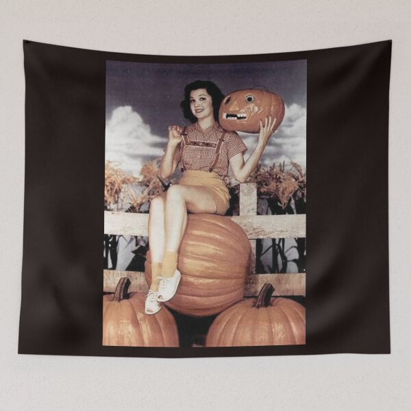 Item preview,  Pinup farmer hugs an evil, scary pumpkin designed and sold by VintageManiac.