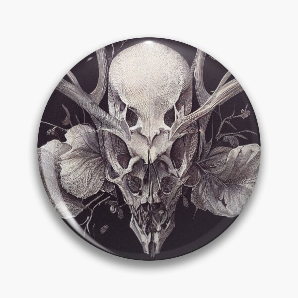 Item preview, Book of Skulls: Illustration #117. Black and White Skull with horns, plants and flowers. Anatomical Art designed and sold by Åveline Dvorak.