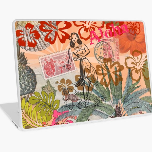 Aperçu de l'œuvre Collage Hula de fleurs tropicales hawaïennes colorées et vintage créée et vendue par antiqueart.