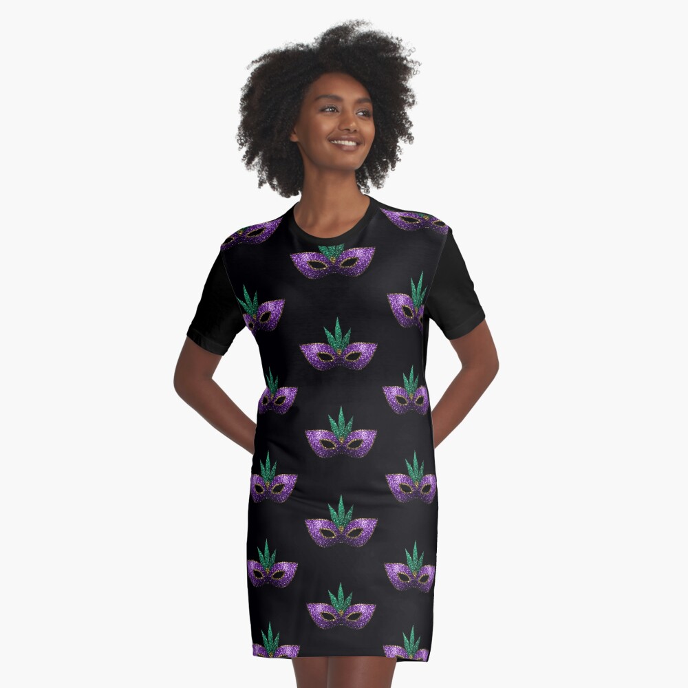 Mardi Gras Mask Purple Green Gold Sparkles Graphic T-Shirt Dress