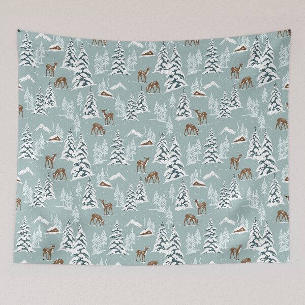 Item preview, Deer, chalets and snowy pines designed and sold by OtterFactory.