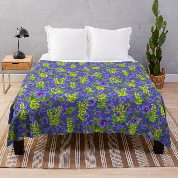 Item preview, Blue Hibiscus Yellow Baptisia Gold Swirls on Deep Periwinkle Blue Half-Drop Repeat 5748 designed and sold by Art in My Loft.
