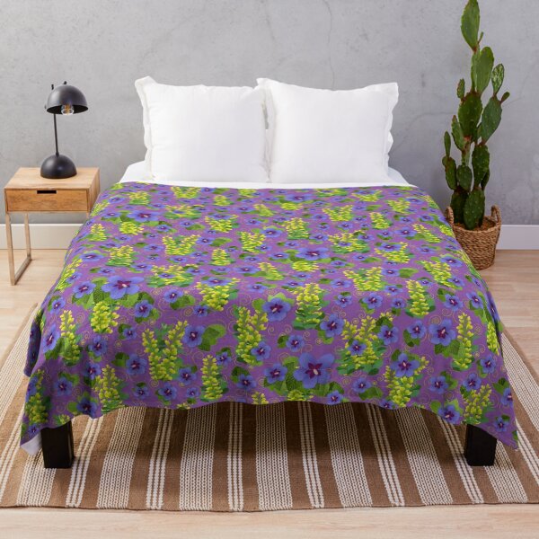 Item preview, Blue Hibiscus Yellow Baptisia Gold Swirls on Purple Half-Drop Repeat 5748 designed and sold by Art in My Loft.