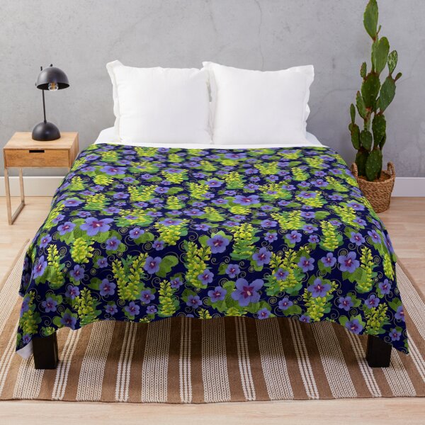 Item preview, Blue Hibiscus Yellow Baptisia Gold Swirls on Navy Half-Drop Repeat 5748 designed and sold by Art in My Loft.