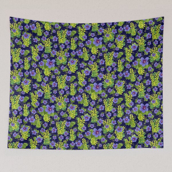 Aperçu de l'œuvre Blue Hibiscus Yellow Baptisia Gold Swirls on Navy Half-Drop Repeat 5748 créée et vendue par Art in My Loft.