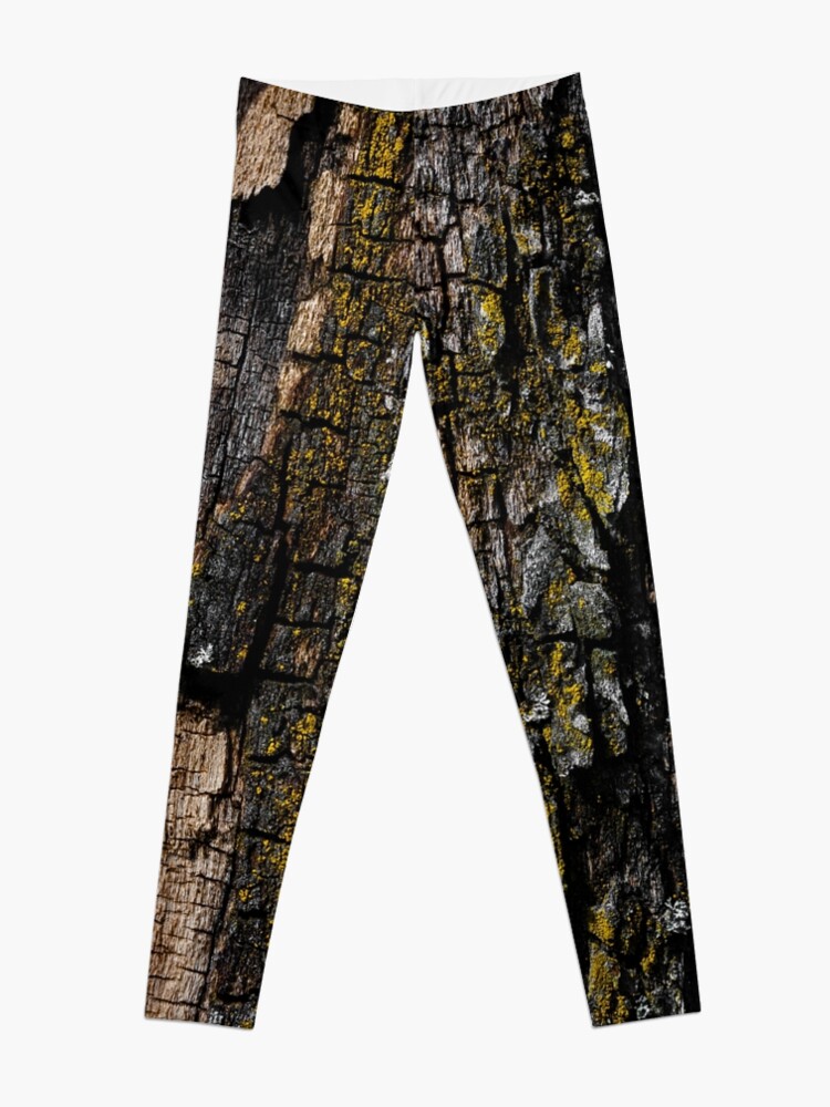 Alternate view of Cool Brown wood bark with yellow lichen pattern Leggings