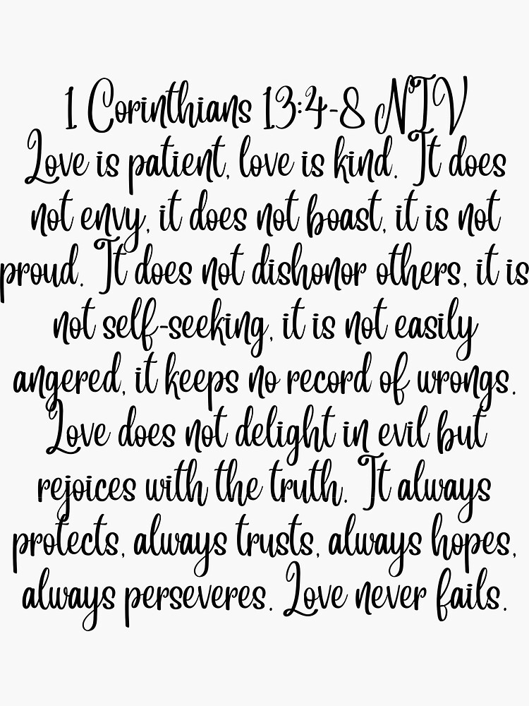 "Love is patient love is kind 1 Corinthians 1348" Sticker for Sale by