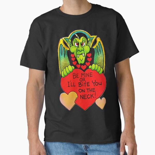 "Bite Me" in Flight - Vampire, Dracula, Vintage, Retro, Valentine's, Day, Card, Love, Hearts, Red, Scary, Spooky, Halloween, Holiday, Bats, Funny, Humor, Silly, Cute Classic T-Shirt