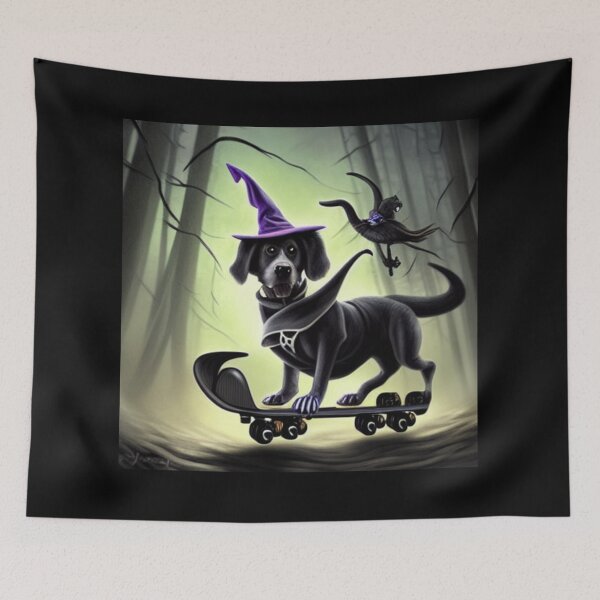 Item preview, Whimsical moon witch dog riding skateboard designed and sold by Sweet-A-Dsignz.