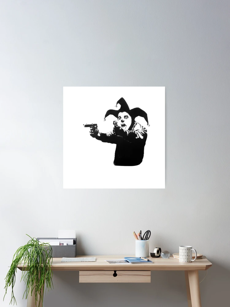 Banksy shouting clown, jester with guns