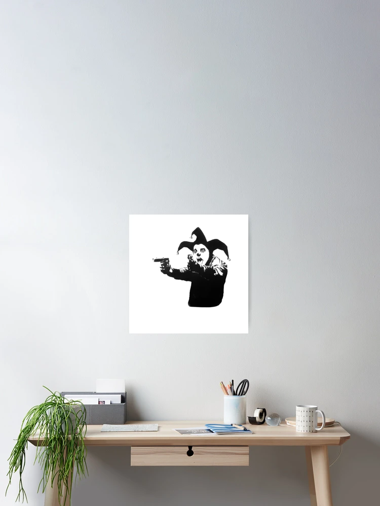 Banksy shouting clown, jester with guns