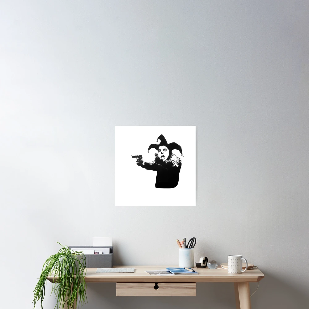 Banksy shouting clown, jester with guns