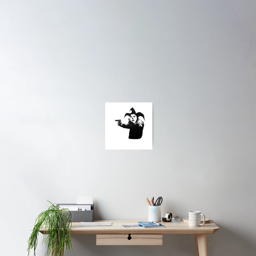 Banksy shouting clown, jester with guns