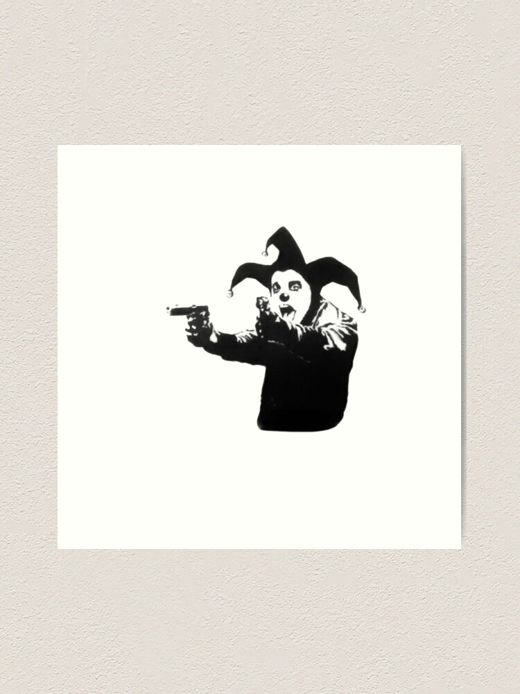 Banksy shouting clown, jester with guns | Art Print