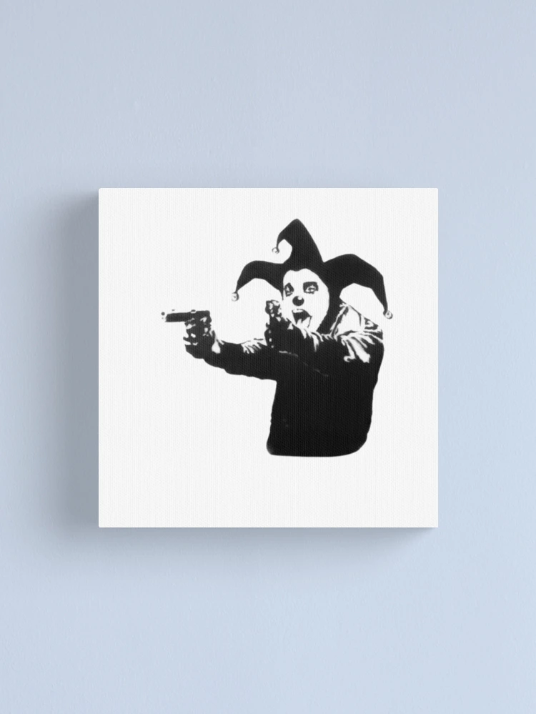 Banksy shouting clown, jester with guns