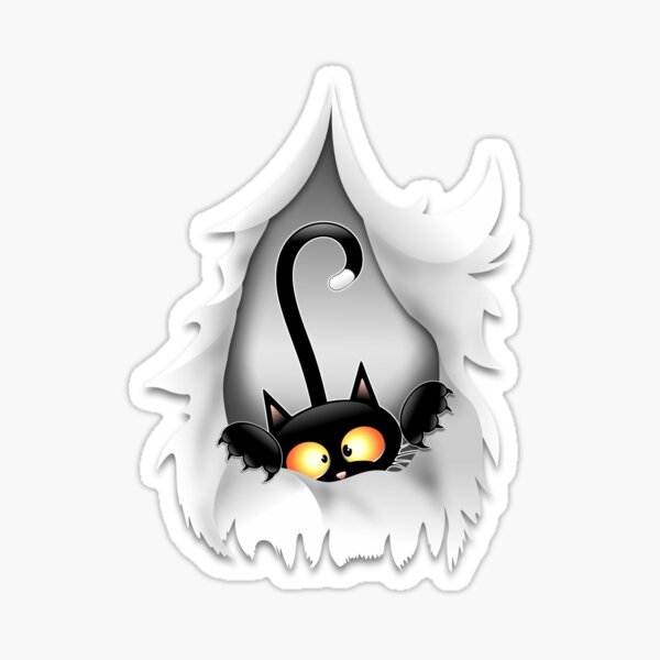 Fun Cat Cartoon in ripped fabric Hole Sticker