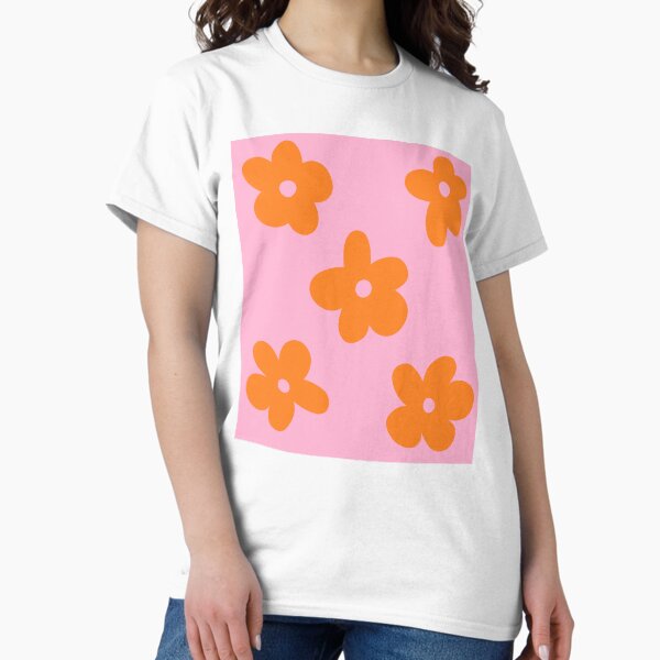 Pink and Orange, Retro, Groovy Flowers Pattern Classic T-Shirt